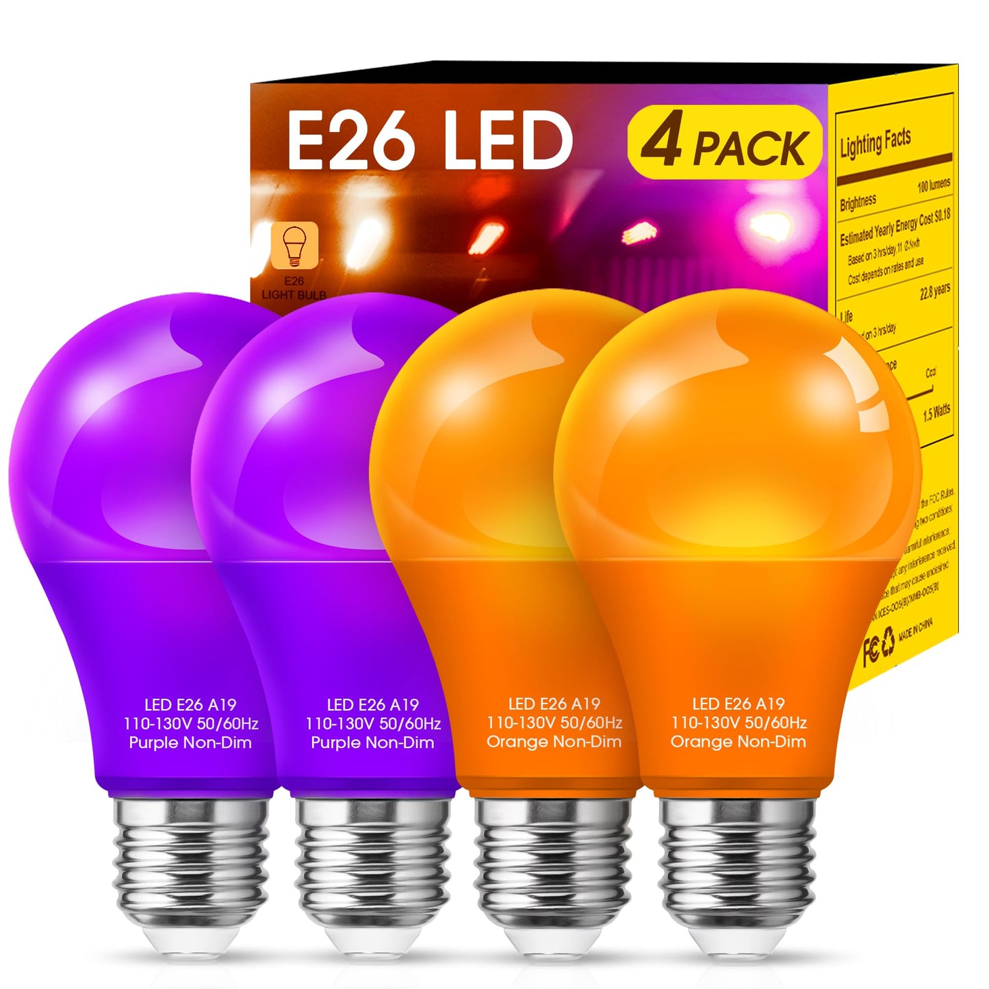 Woxeon A19 Led Light Bulbs 4 Pack - 2 Orange & 2 Purple, 9W (60W Equivalent), E26 Base, Plastic - Perfect For Halloween & Holiday Decor