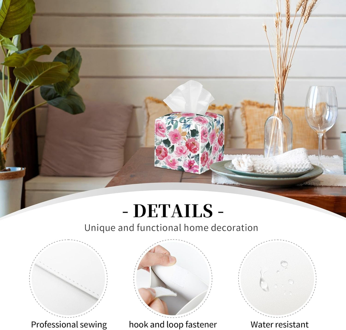 Pink Flowers and Green Leaves Tissue Box Cover Square,Abstract Watercolor Floral Tissue Box Holder Waterproof Leather Facial Paper Organizer Dispenser for Bathroom Home Car Nightstand Vanity Desk