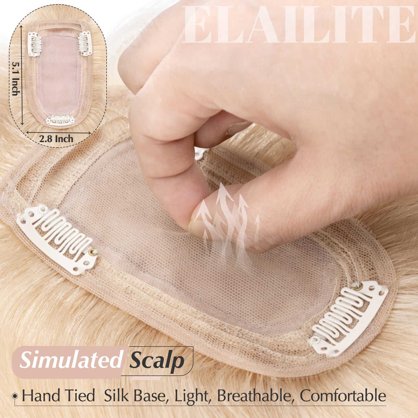 Elailite Hair Toppers for Women Real Human Hair Topper with Bangs Thinning Thin 5.1x2.8 Silk Base Clip in Remy Hairpieces 18 Inc
