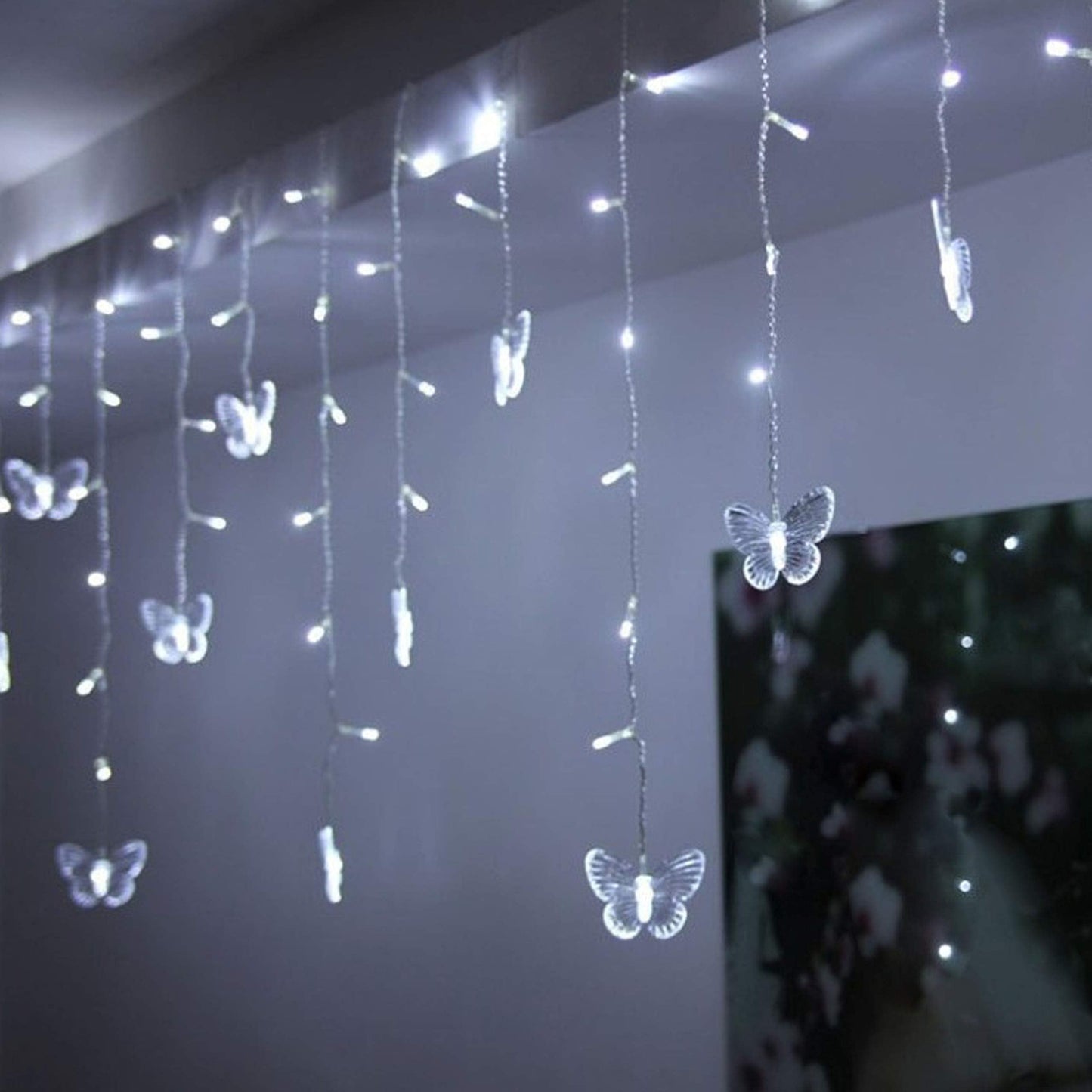 Decorman Butterfly Curtain Lights, 13ft, 96 LED, Cool White, USB, 8 Modes, Model CLD-B-R-001