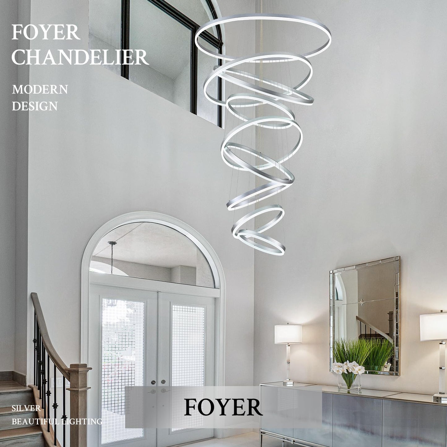 Sparklelf Modern LED Chandelier, 9 Rings 39.4in, Dimmable, Silver, Remote Control, 3000K-6500K for High Ceiling Entryway, Living
