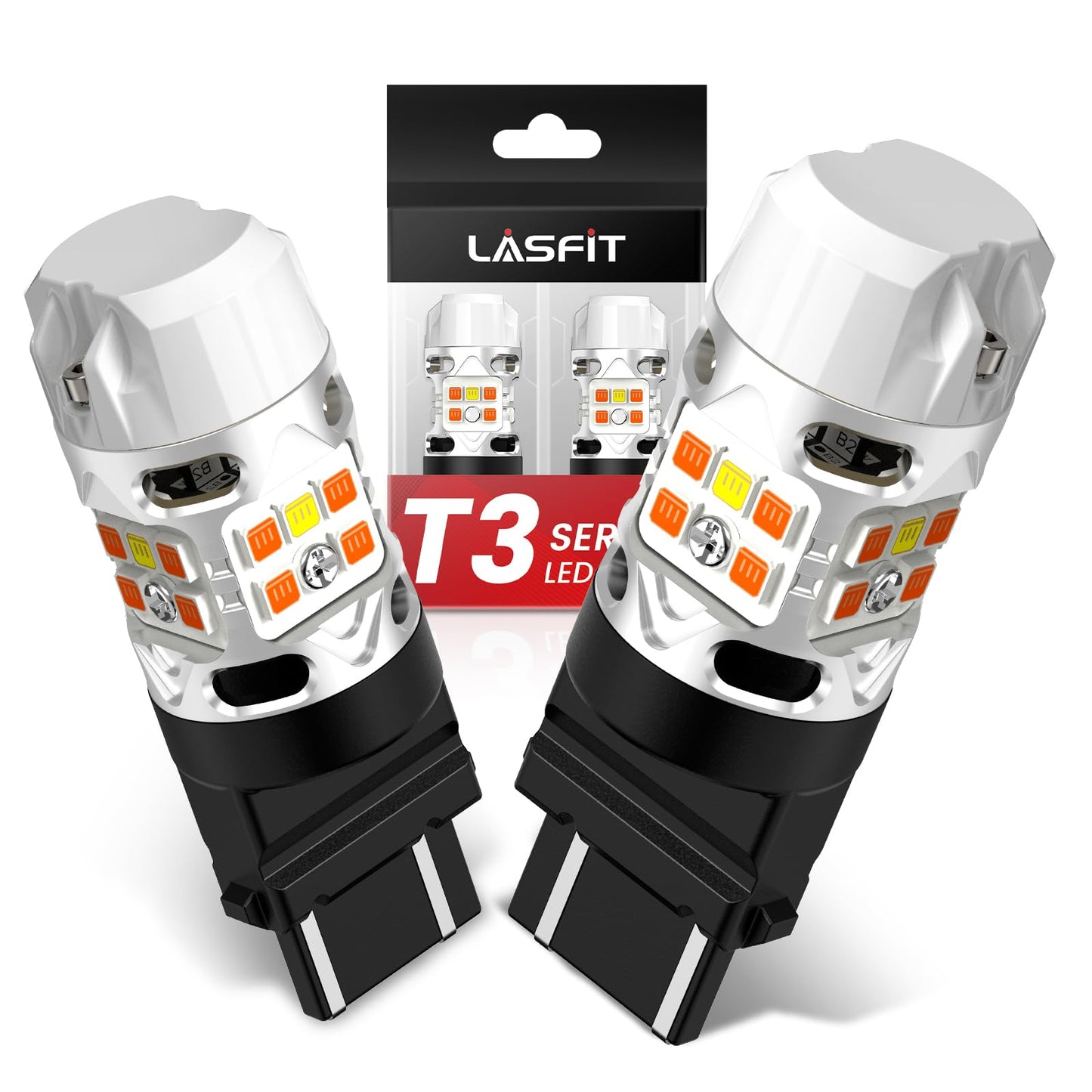 LASFIT 3157 LED Bulb Switchback, White Amber, CANBUS, Plug and Play, Model TSR-3157D-Y/W, Pack of 2