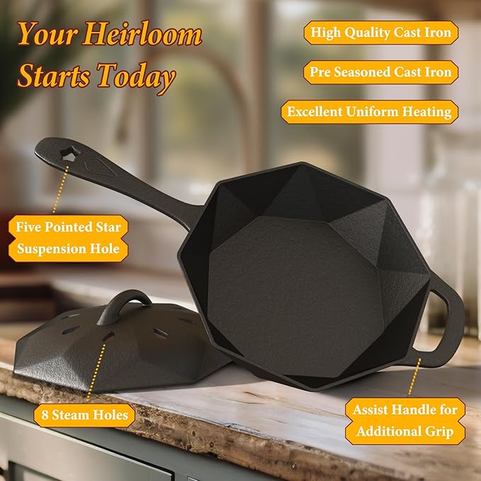 Cast Iron Skillet with Lid, Mini Cast Iron Smoker Skillets & Egg Pan with Assist Handle & 16-Facet Edge, 6.5 Inch Octagonal Design Frying Pan for Searing, Baking, Grilling, Roasting (Skillet-1)