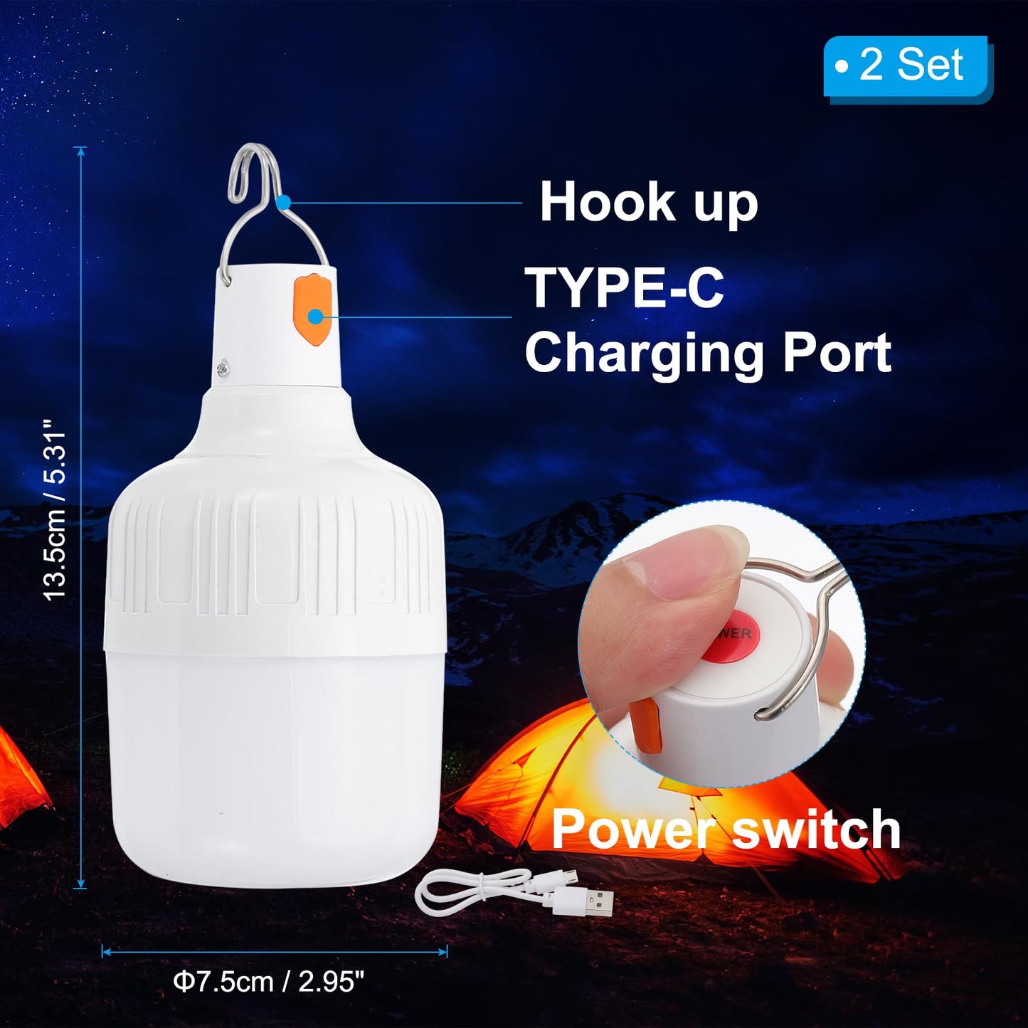 Patikil Camping Lantern  2 Pack Rechargeable Led Tent Lamp Lights Bulb Portable Hanging 3 Lighting Modes 90W With Clip Hook For Camping  Hiking  Fishing  White