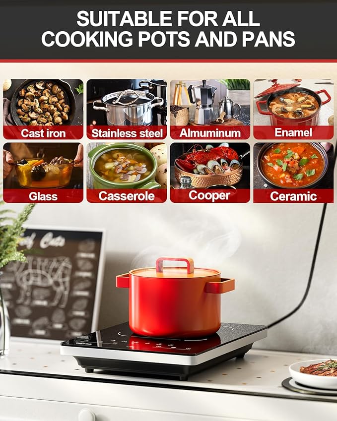 Portable Electric Stove,110V Single Burner Electric Cooktop, Countertop Burner Hot Plate with 6 Preset Functions,10 Power Levels,LED Touch Control, Child Lock &Timer