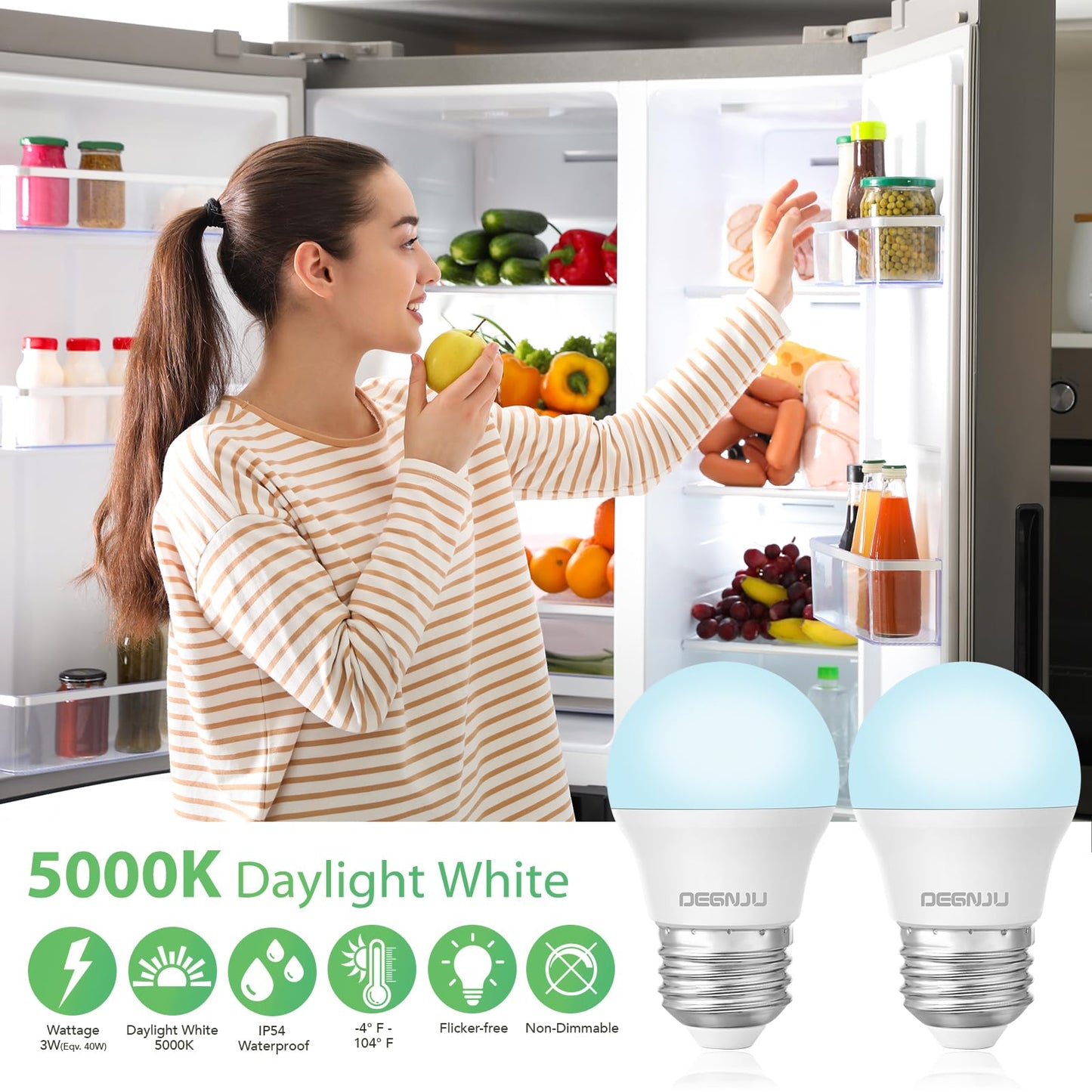 DEGNJU LED Refrigerator Light Bulb, 40 Watt Equivalent, 120V, Fridge Light Bulb 5000K Daylight White, A15 Appliance Bulb 5.5W for Freezer, 650LM, E26 Standard Base, 120V, Non-Dimmable, 2 Pack