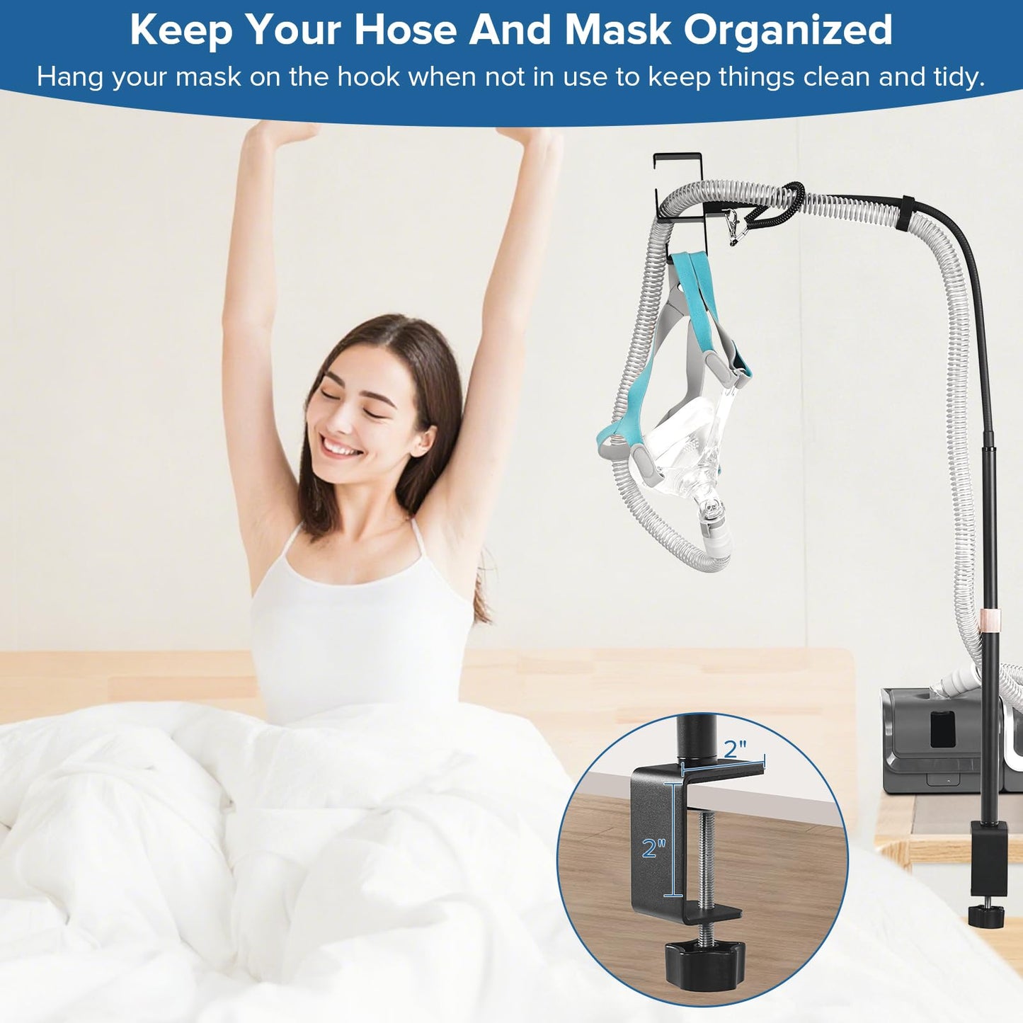 CPAP Hose Holder for Bedside – All-Metal CPAP Hose Hanger with Aluminum Hook, Easy Clip-On CPAP Stand for Travel – No Wall Damage, Fits ResMed, Philips, AirSense Tubing