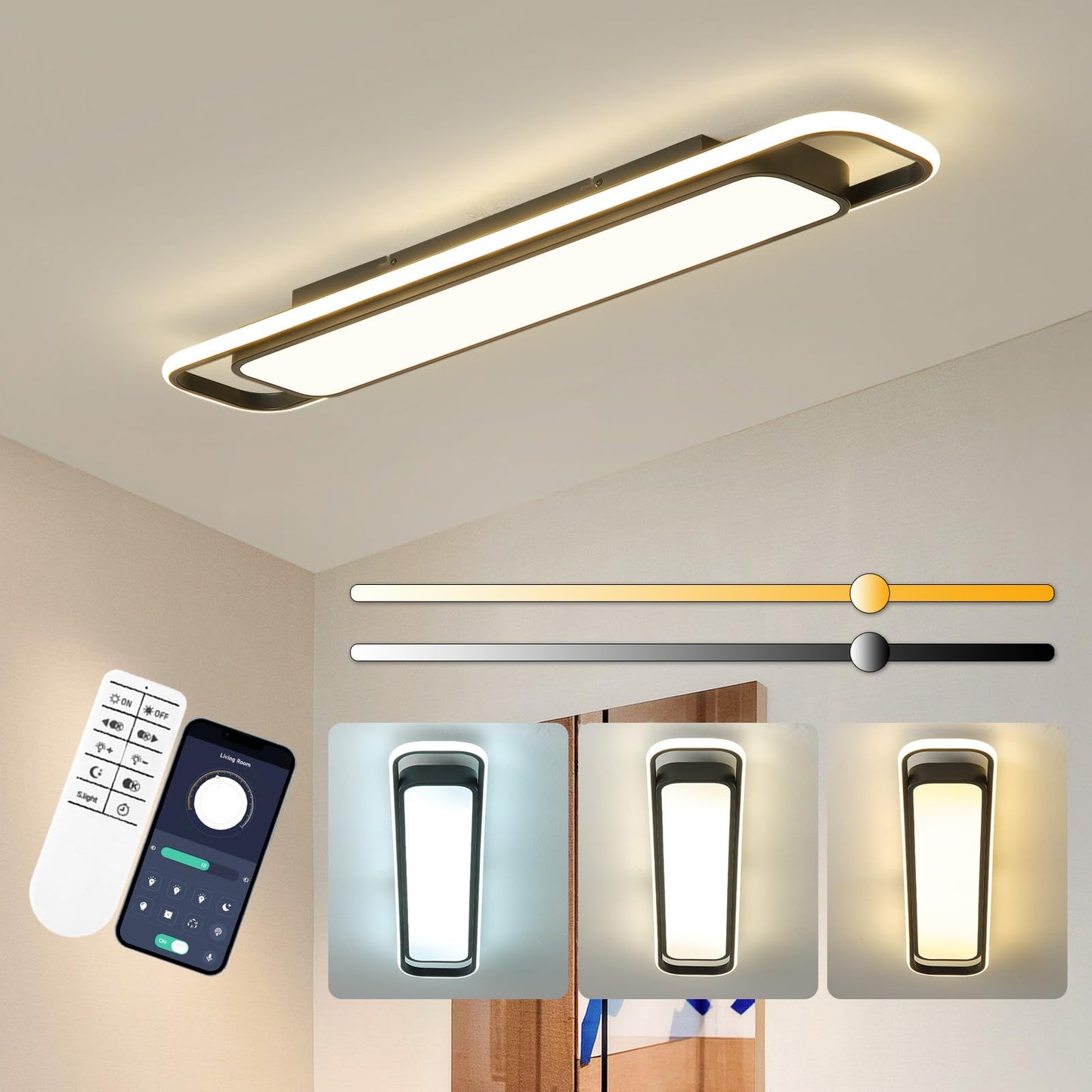 Oranoor Modern Led Ceiling Lighting With Remote  70W Dimmable Black Linear Flush Mount Light Fixture  39.4 Low Profile Lights Fixture Long Led Ceiling Lamp For Kitchen Bedroom Living Room Hallway