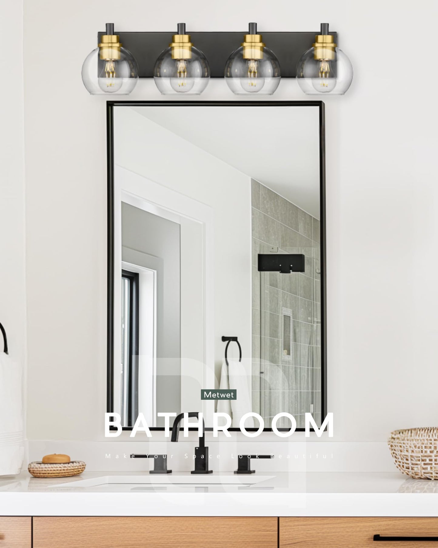 Metwet Bathroom Light Fixtures  4-Light Black And Gold Bathroom Vanity Light  26 Inch Modern Wall Sconces With Globe Clear Glass Shade  Vanity Lighting Fixtures Over Mirror  Vl195-Kg-4