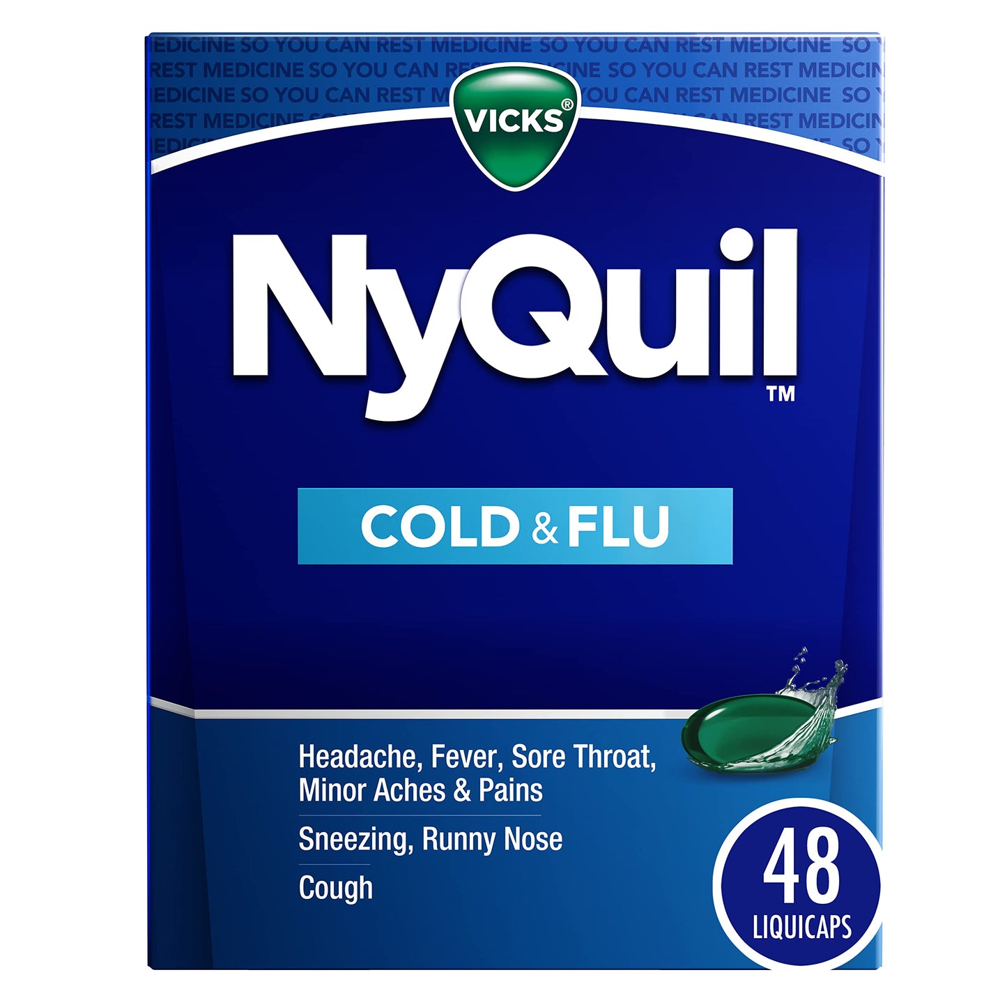 Vicks NyQuil Cold & Flu Relief Over-the-Counter Medicine, Powerful Multi-Symptom Nighttime Relief for Headache, Fever, Sore Throat, Aches, Sneezing, Runny Nose & Cough, 48 LiquiCaps