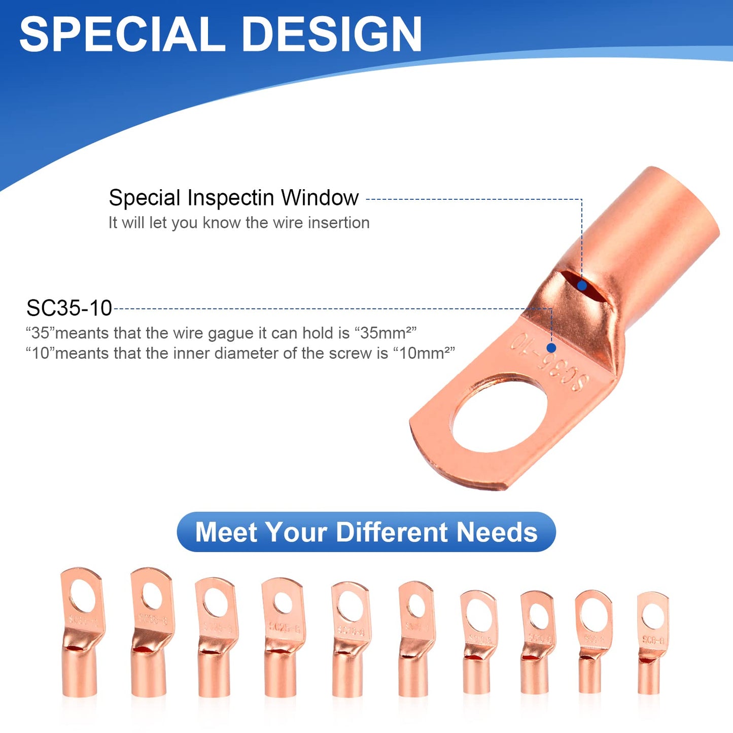 260Pcs Copper Wire Lugs, Battery Cable Ends AWG 2 4 6 8 10 12 Gauge Wire Connectors with Heat Shrink Set, Ring Terminals Connectors Battery Cable Lugs Battery Lugs with 140Pcs Heat Shrink Tubing Kit