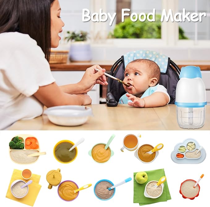 Baby Food Maker, Cordless Food Processor Puree Blender with 350ml Glass Bowl ＆ 6 Sharp Blades, Small Wireless Chopper Baby Puree Maker, Mini Rechargeable Chopper Kitchen Mixer for Veggie, Xmas Gift
