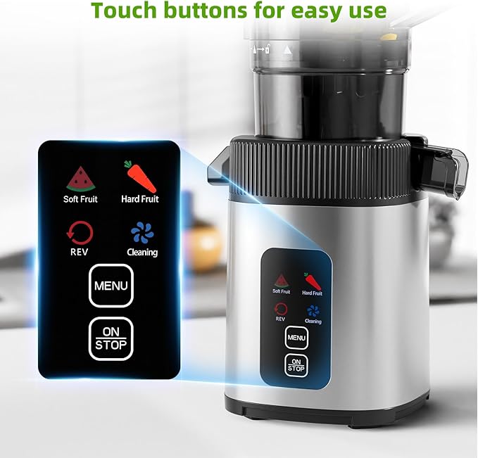 Crzoe Cold Press Juicer with a 4.35 Wide Feed Chute for Whole Fruits and Vegetables, Button control, Slow Masticating juicer, Easy to Clean Low noise and High juice Yield, Stainless Steel