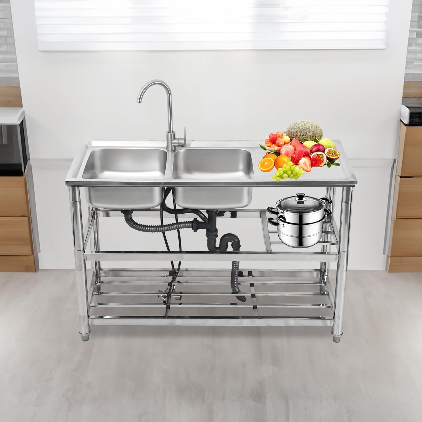 Stainless Steel Double Bowl Utility Sink, 47.2x19.68x31.49 Inch Commercial Kitchen Sink with Workbench, Heavy-Duty Freestanding Design for Restaurants, Laundry, Outdoor Use