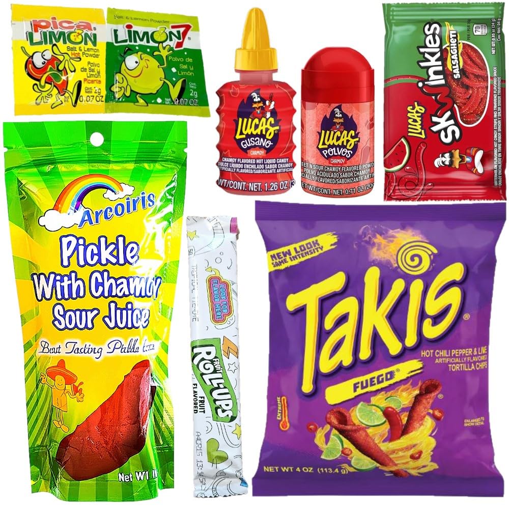 Chamoy Pickle Kit with Fruit Roll-Up, Chips, Lucas Gusano, Skwinkles and Popular Mexican Candy, As Seen on TikTok Trend Items by