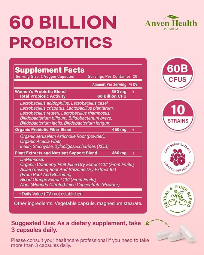 Probiotics for Women Digestive Health - 60 Billion Vaginal Probiotic Organic Prebiotics with Cranberry & D-Mannose for Gut, Urinary, Immune Health, Vegan & Non-GMO | 180 Capsules
