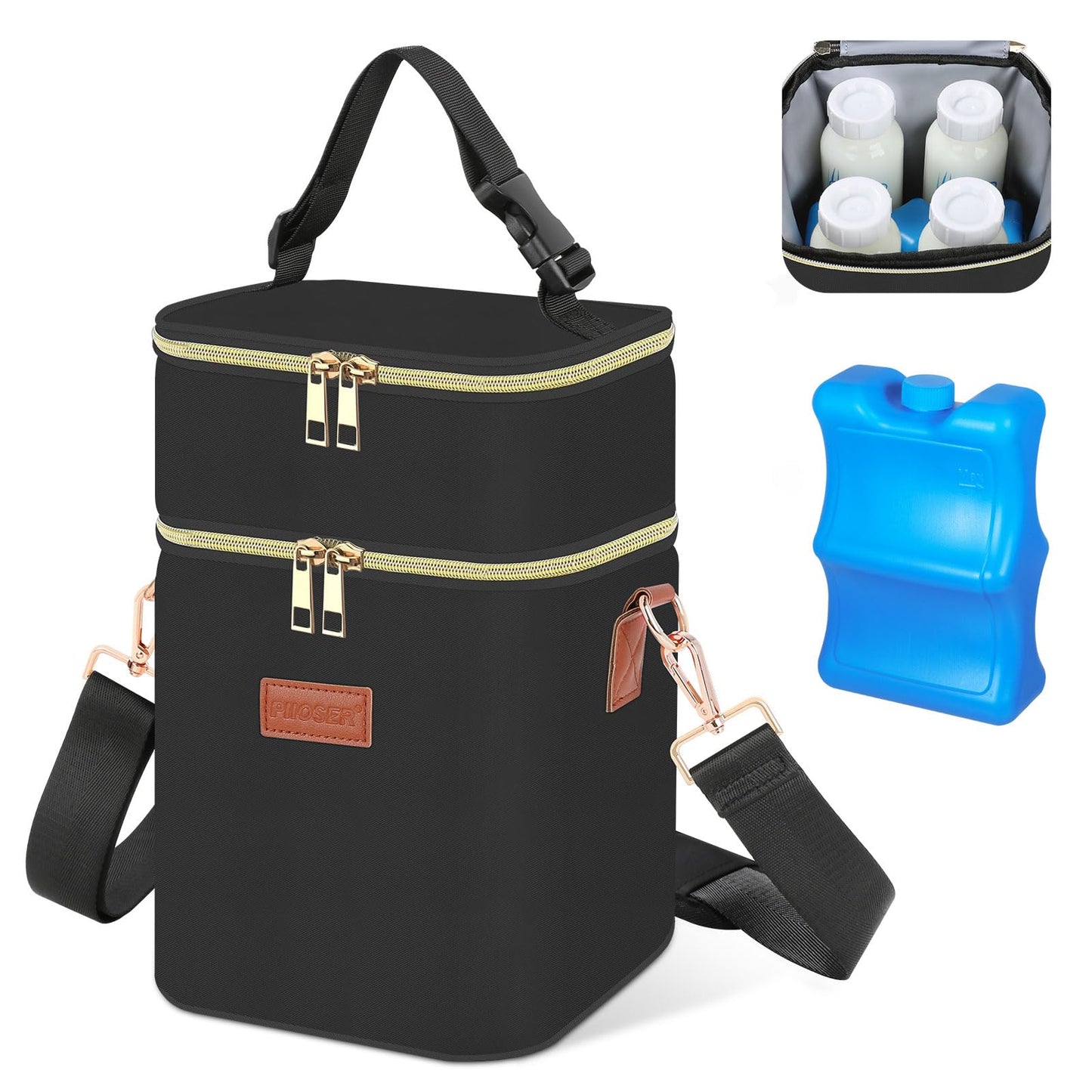 PIIOSER Baby Bottle Tote Bag with Ice Pack, Fits 4 Baby Bottles Up to 9 Ounce, Small Insulated Breastmilk Cooler Travel Bag with Shoulder Strap for Nursing & Working Mom Daycare (Black-S)
