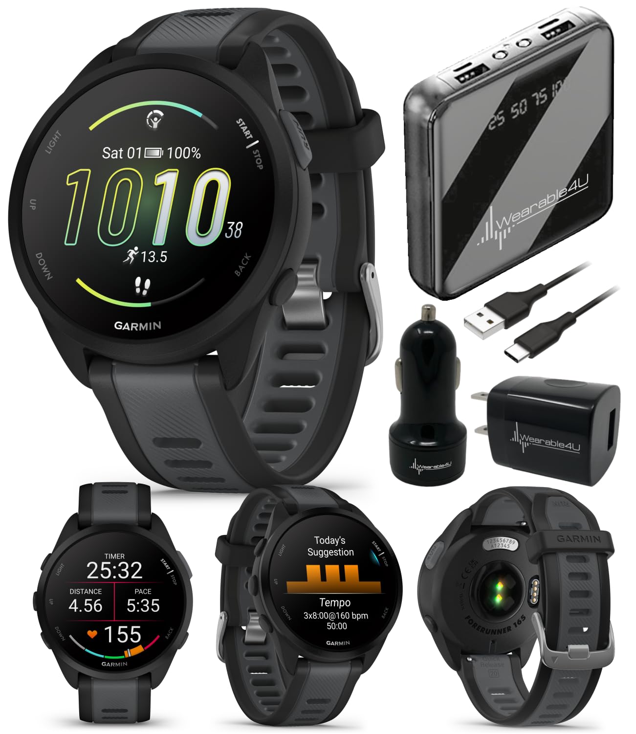 Wearable4U - Garmin Forerunner 165 Running Smartwatch, Colorful AMOLED Touchscreen, Training Metrics and Recovery Insights Includes PowerPack, Adapters Bundle, Black/Slate Gray