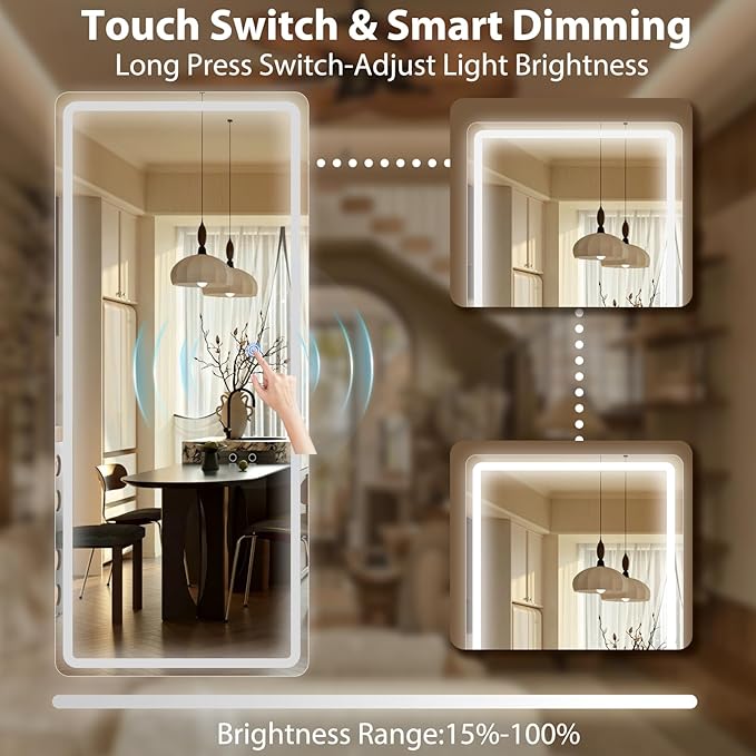 GLSLAND 65x26 LED Mirror Full Length, Aluminum Alloy Floor Mirrors with Lights, 3 Color Lighting & Dimming for Bedroom Decorative Wall Mounted, White