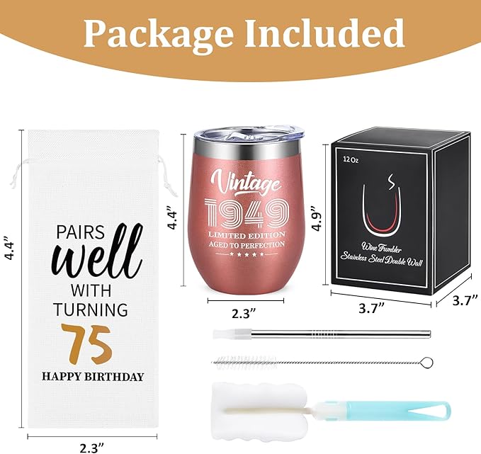 Lifecapido 75th Birthday Gifts for Women, Vintage 1949 Limited Edition Insulated Wine Tumbler with Wine Bag, 75th Birthday Gift Ideas, 75 Year Old Birthday Gifts for Friends Mom Grandma, 12 oz