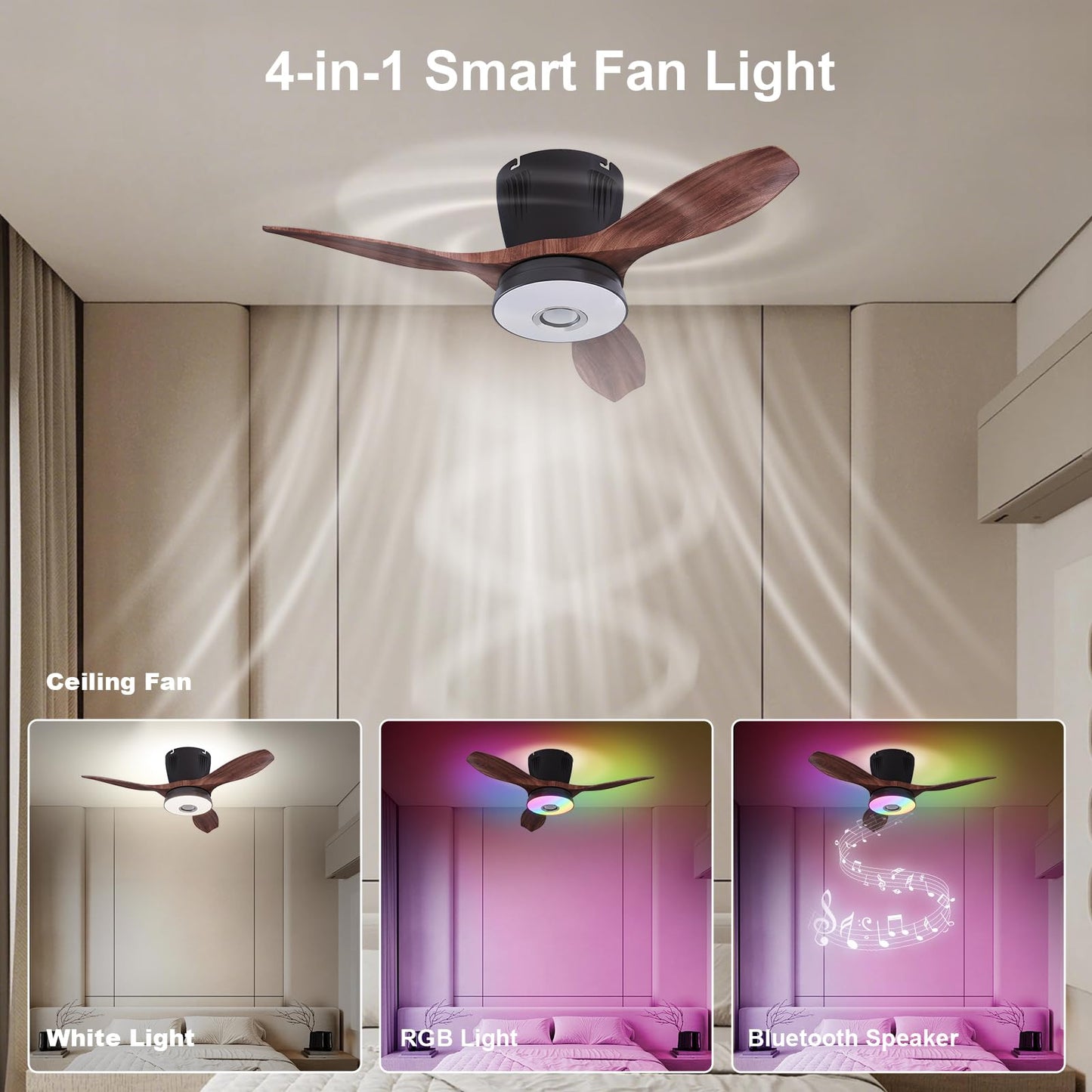 WVMNQO RGB Ceiling Fan with Bluetooth Speaker, 21in Low Profile, 3CCT Dimmable, Walnut, Model LEC016R