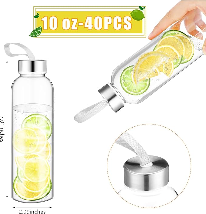 Zubebe 40 Pcs 10 oz Reusable Water Bottles Bulk Clear Bottles with Stainless Steel Leak Proof Lids Acrylic Bottles with Nylon Carrying Strap Shaker Bottles for Water, Milk, Smoothie, Juice Beverage