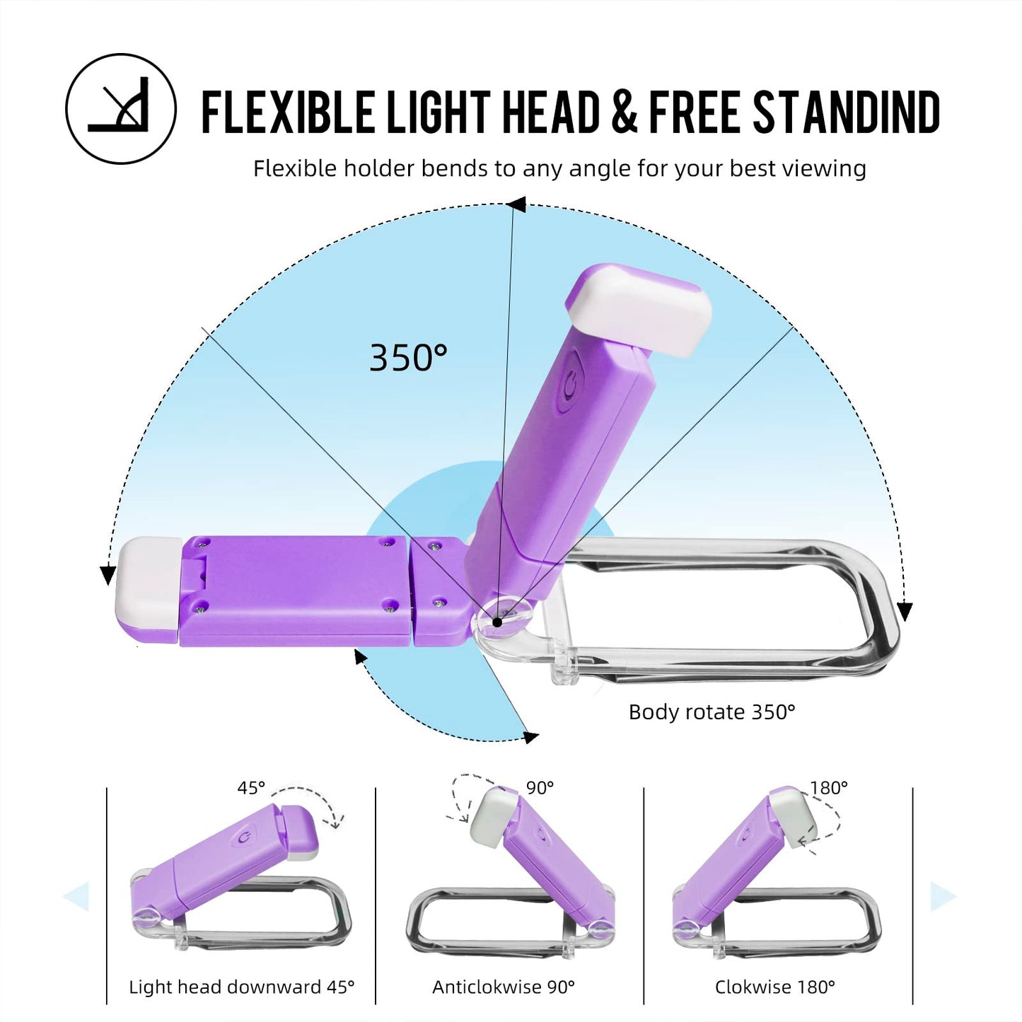 Egwaser Book Light - Usb Rechargeable, 3 Brightness Levels, Eye-Protection, Purple, Model Eg-Bl-24-1