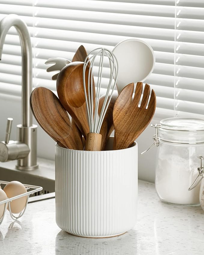 getstar Large Kitchen Utensil Holder for Kitchen Counter (H7.2” x W6.2”), Ceramic Cooking Utensil Holder with Cork Mat (White, Small(5.6"))