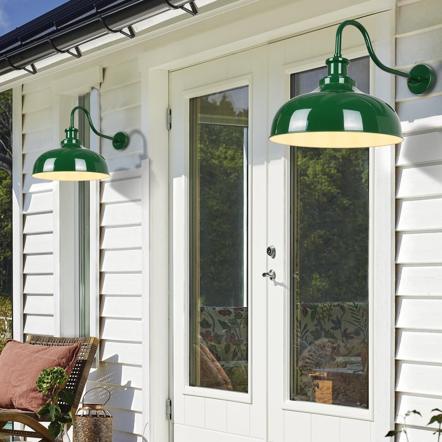 Diyel Outdoor Barn Lights  14 Inch Dome Rustic Outdoor Wall Sconces  Farmhouse Exterior Wall Mount Lighting Fixture  Industrial Green Wall Lantern For Porch  Entryway  Garage  Rz007M-2 Gr+Wh