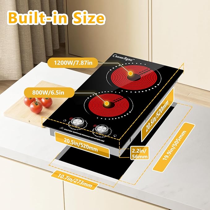 12 Inch Electric Cooktop, 2 Burner Electric Stove Top with 9 Power Levels, Knob Control, Auto shutdown and Residual Heat Warning, 2000W, Ideal for Countertop & Built-In Use (110-120V)