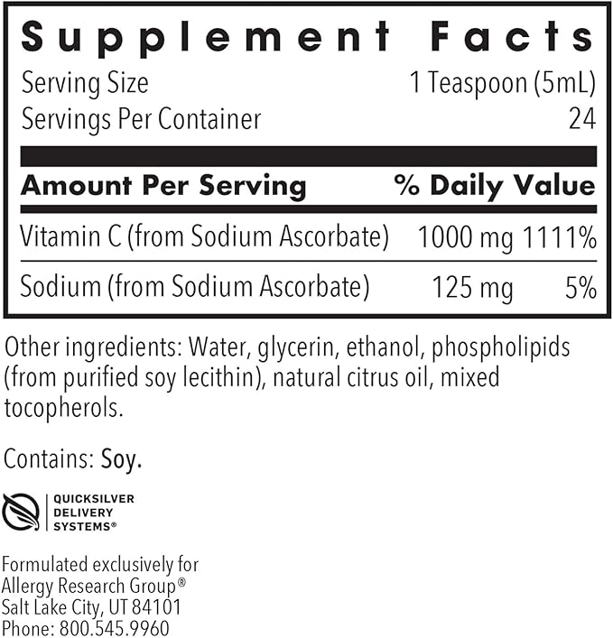 Allergy Research Group Micro Liposomal C 1000mg Supplement - Liquid Vitamin C, Sunflower Phospholipids, Sodium Ascorbate, Organic, Bioavailable, Non-GMO - 4 Fl Oz