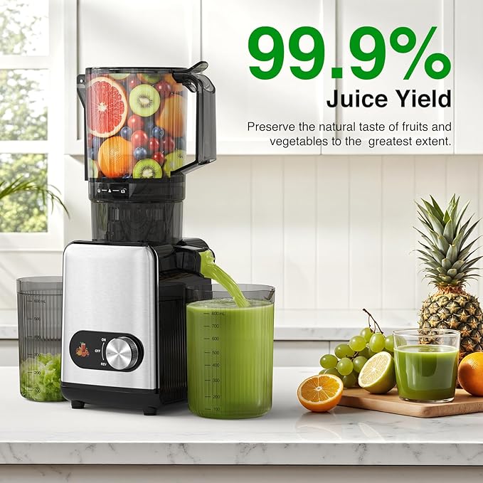 AGLUCKY Cold Press Juicer Machines, 4.35" Large Feed Chute Juice Extractor Self-Feeding Machine, High Juice Yield, Slow Masticating Juicer for Whole Vegetables & Fruits, Stainless Steel & Black