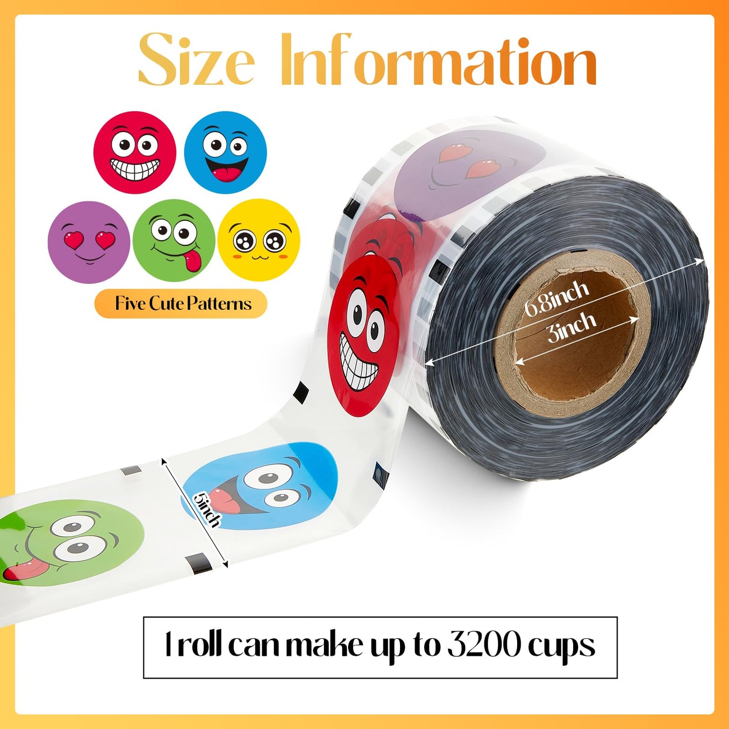 Henoyso 1 Roll Cup Sealer Film for Sealing Machine 90-105 mm 3200 Cups Bubble Tea Sealer Film for 16 oz Plastic Cups for Bubble Tea, Water, Coffee, Juice, Soda(Vibrant Color,Smile Face Style)