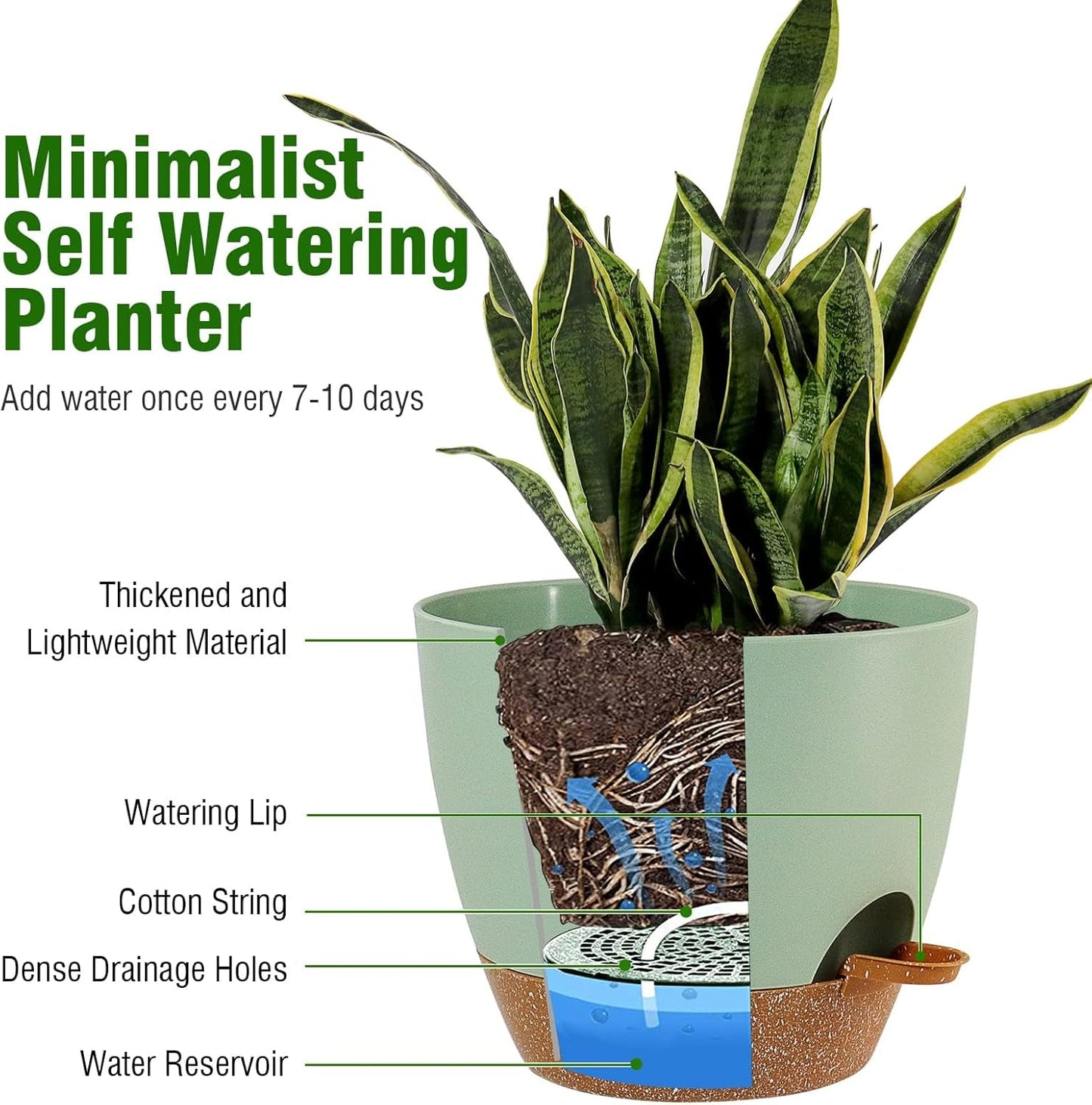 10/9/8 inch Self Watering Pots, Set of 3 Plastic Planters with Mesh Drainage Holes and Deep Reservoir for Indoor Outdoor Garden Plants and Flowers, Green with Brown