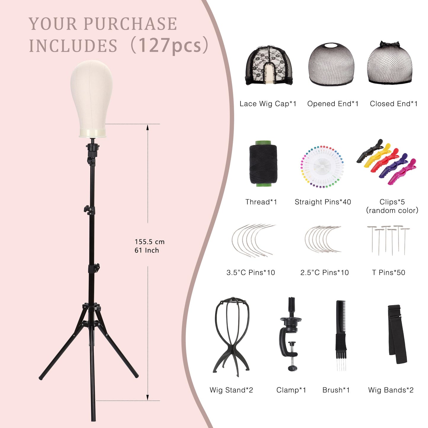 Demides 22'' Canvas Wig Head with 61'' Adjustable Tripod Stand, Mannequin Head Set for Styling, Display - Includes Caps, Elastic