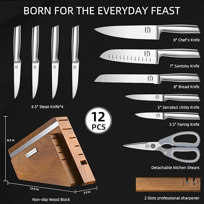Kitchen Knife Block Set, 12-Piece with Sharpener | Japanese High Carbon Stainless Steel Knives Set for Kitchen