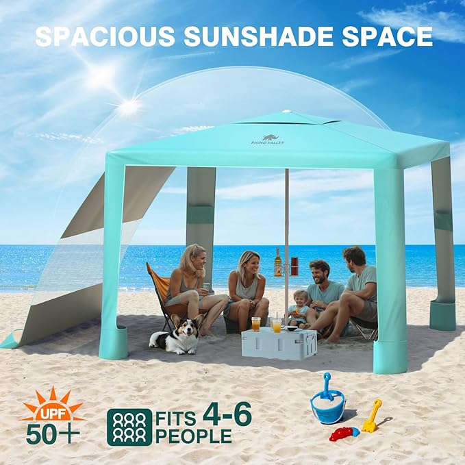 Rhino Valley Beach Cabana, 8 × 8FT Foldable Beach Tent with Cup Holder, Beach Canopy Easy Setup with UPF50+ Protection, Windproof Stable Beach Tent, Portable Beach Cabana Tent for Beach Camping