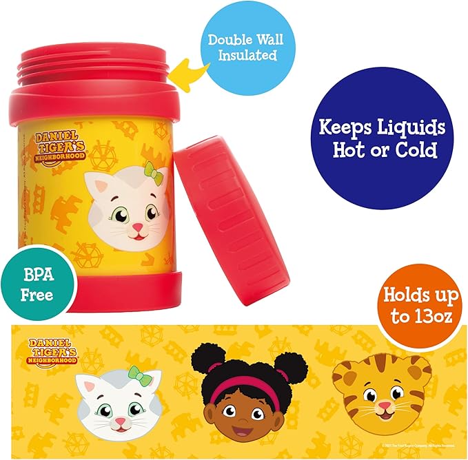 Daniel Tiger's Neighborhood Stainless Steel 13 oz Food Jar for Kids, Red -Double Wall Insulated, Leak-Proof thermos Jar Keeps Liquids & Food Hot or Cold for Hours-Fits Inside All Lunch Boxes & Bags