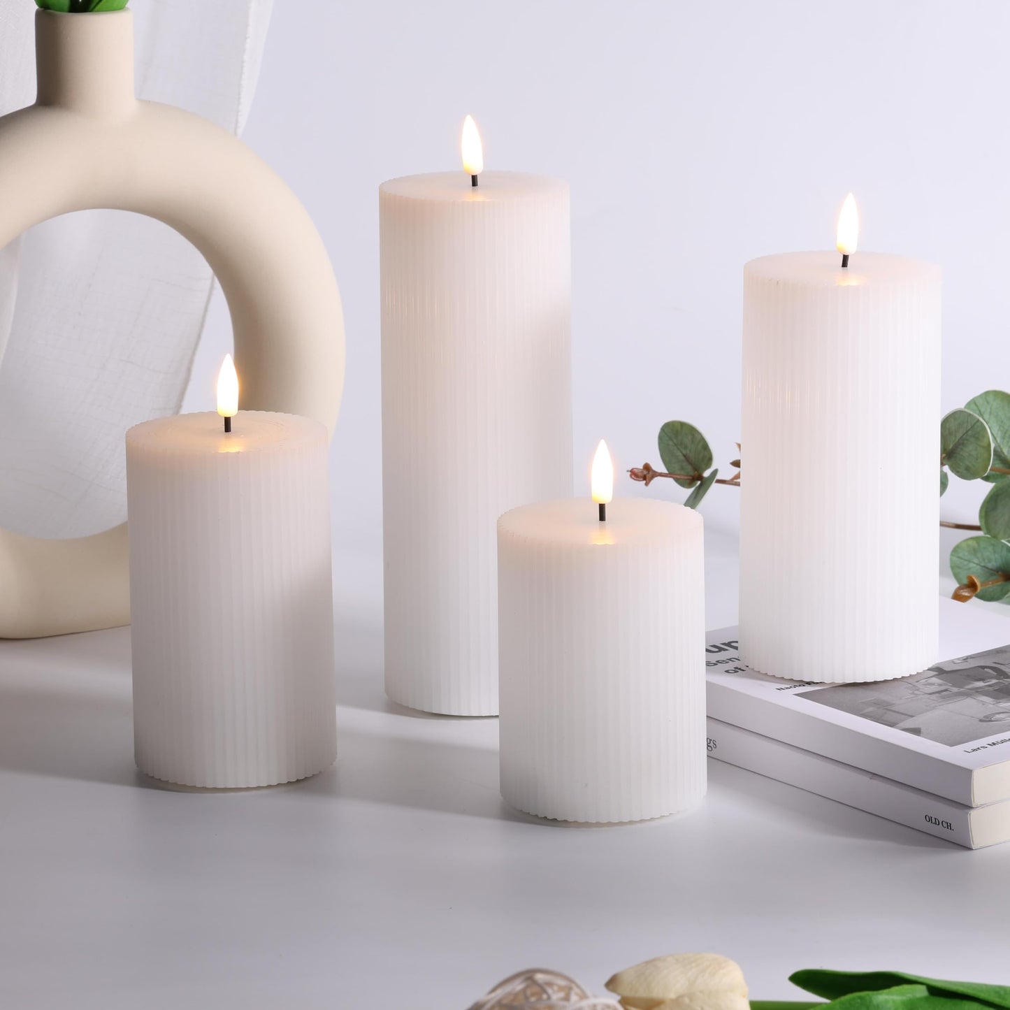 Girimax White Ribbed Flameless Pillar Candles with Remote, Flat Top Flickering LED Wax Battery Candles Set of 4, Φ 3" H 4" 5" 6" 8"