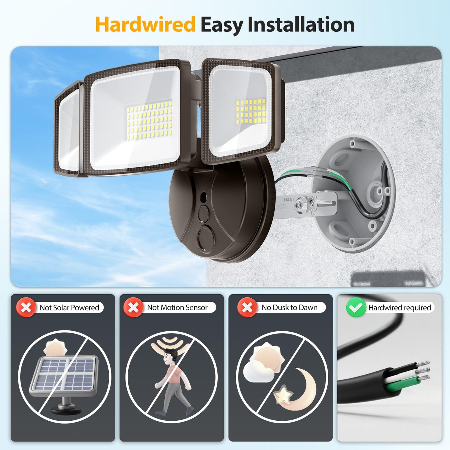 Onforu 55W LED Security Light, 5500LM, 3 Adjustable Heads, IP65 Waterproof, 6500K, Brown, Model BDB55-3