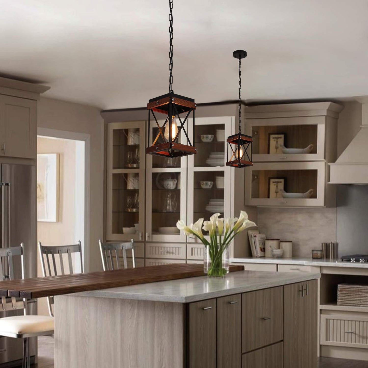 Fivess Lighting Rustic Farmhouse Pendant Light, One-Light Adjustable, Metal & Wood Cage, Black & Brown, 1-Light Pendant