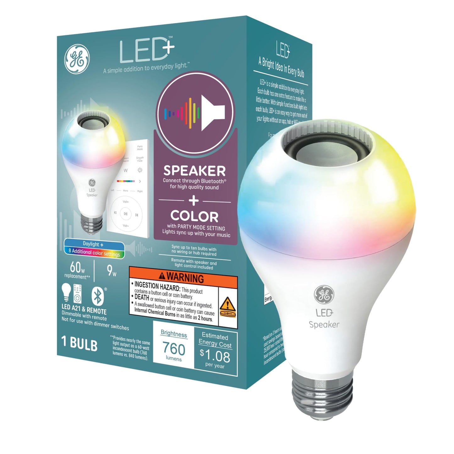 Ge Led+ Color Changing Speaker Bulb, A21 Standard, Daylight + Multicolor, Model 93129724, Plastic Material, Remote Included
