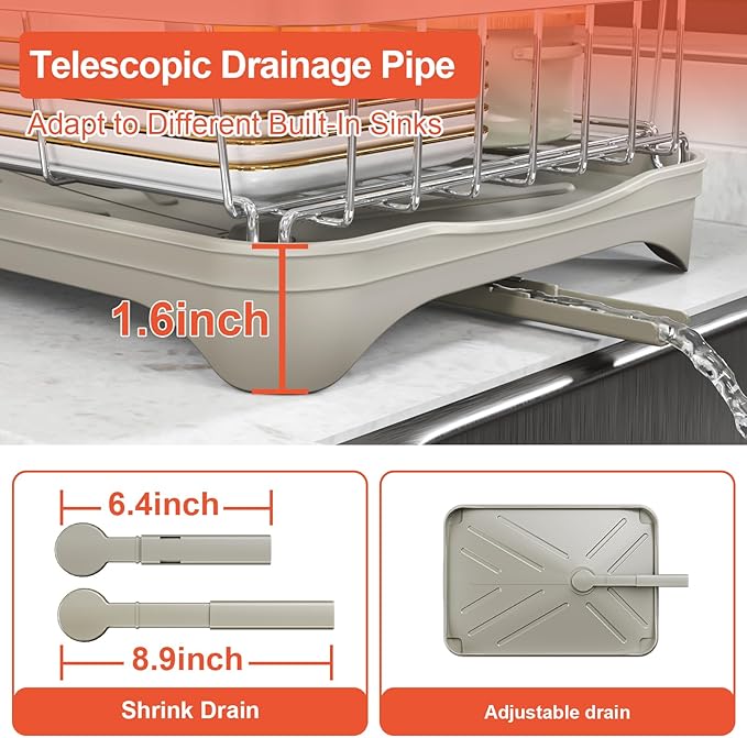Dish Drying Rack - 304 Stainless Steel Dish Rack with Utensil Holder & Adjustable Spout, Space-Saving Organizer, Large Capacity for Bowls, Dish Drainer with Drainboard, Grey