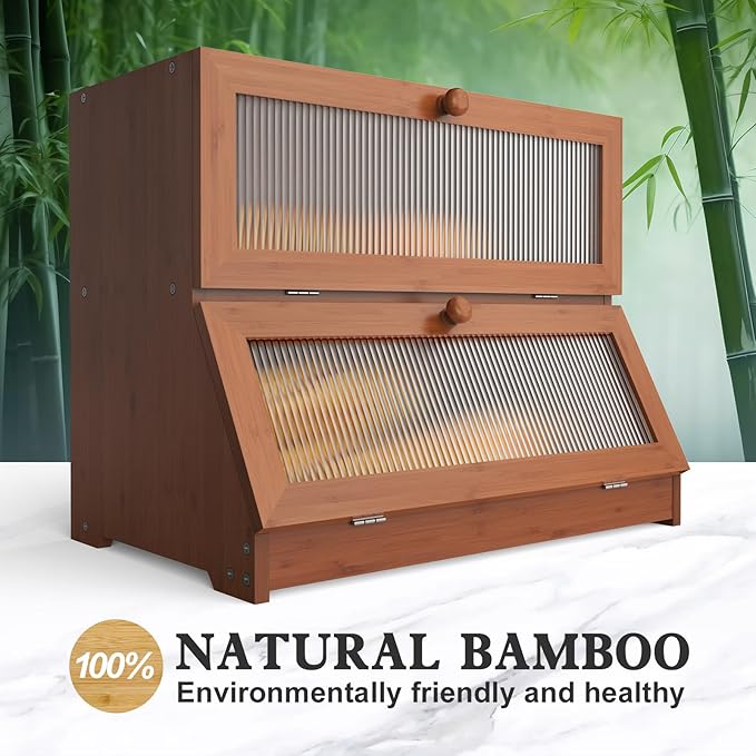 Bread Box for Kitchen Countertop: 2-Tier Bamboo Large Bread Storage Container,Brown