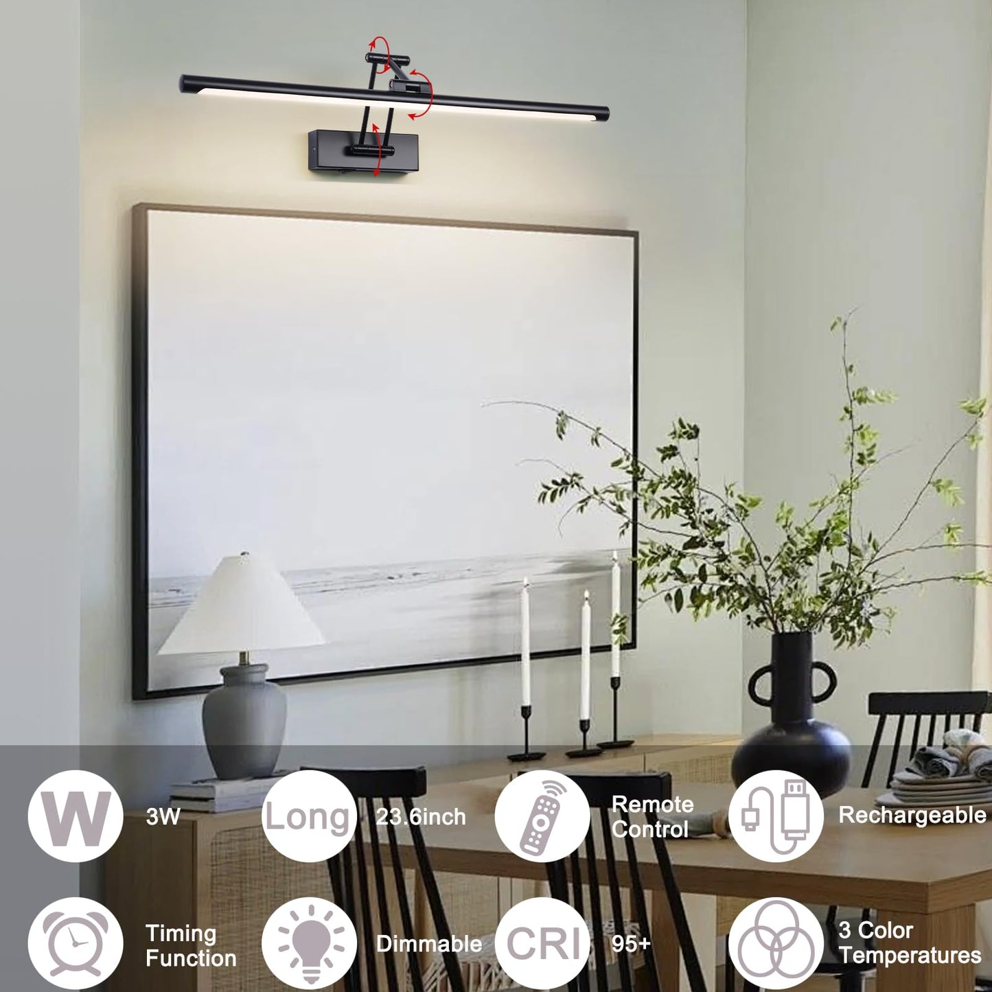 Yumcrelect Led Battery Operated Picture Lights With Remote Wireless Art Lighting For Wall 23.6 Inch Rechargeable discomfort-reducingting Light Black Frame Lights Dimmable 3Cct Gallery Light For Library Portrait