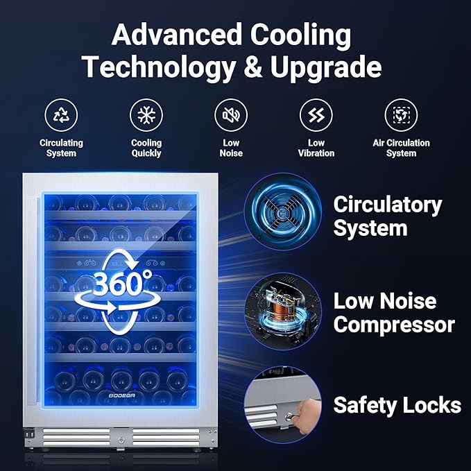 BODEGA 24 Inch Wine Cooler, Under Counter Wine Fridge Dual Zone With Silent Cooling System, Built In Or Freestanding Wine Cooler Refrigerator For Home, 56 Bottles With Stainless Steel Glass Door.