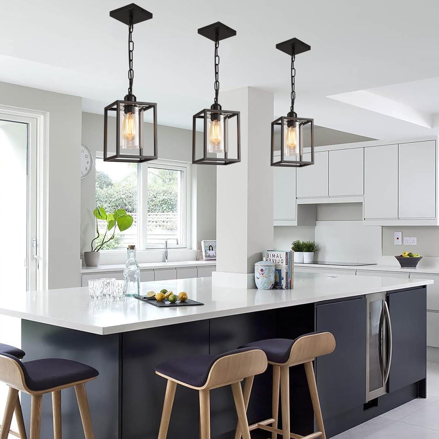 3 Pack Farmhouse Pendant Light Black Metal Frame Hanging Light Fixture With Clear Glass Shade  Adjustable Chains Industrial Mini Pendant Lighting For Kitchen Island Entryway Porch Foyer