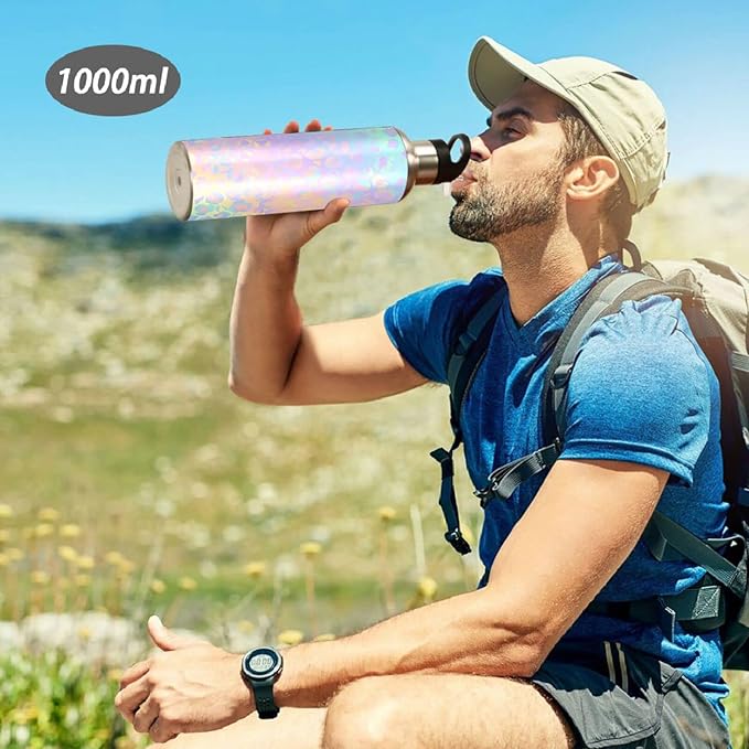 senya 34 Oz Water Bottle with Straw Rainbow Leopard Print Neon Stainless Steel Water Bottle for Traveling Sports Leakproof Insulated Water Bottle