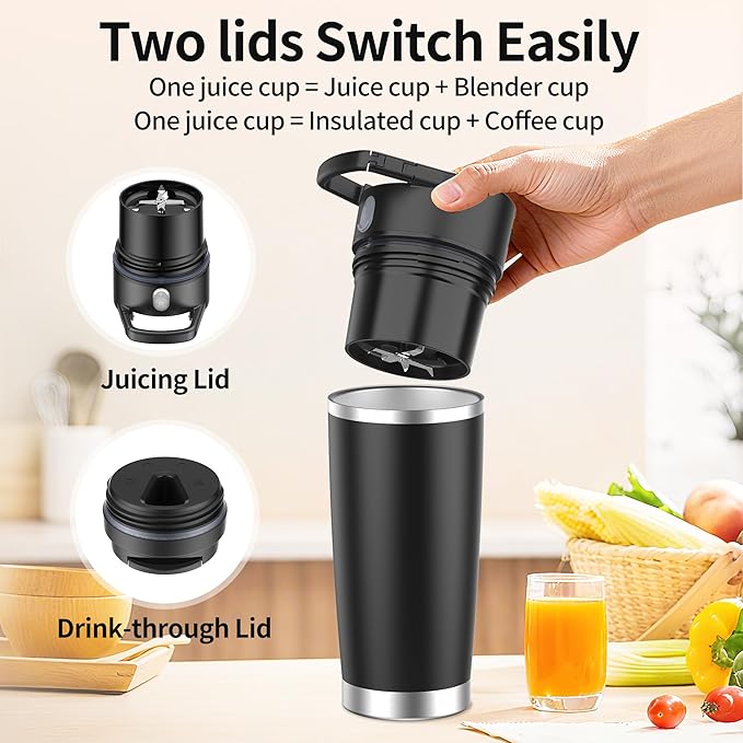 Portable Blender for Smoothies&Shakes 24oz Insulated Cup Cordless, Personal Small Licuadora Portatil With Stainless Steel Bottle, USB-C Rechargeable Travel Blender, BPA Free, for Juicing(Black)