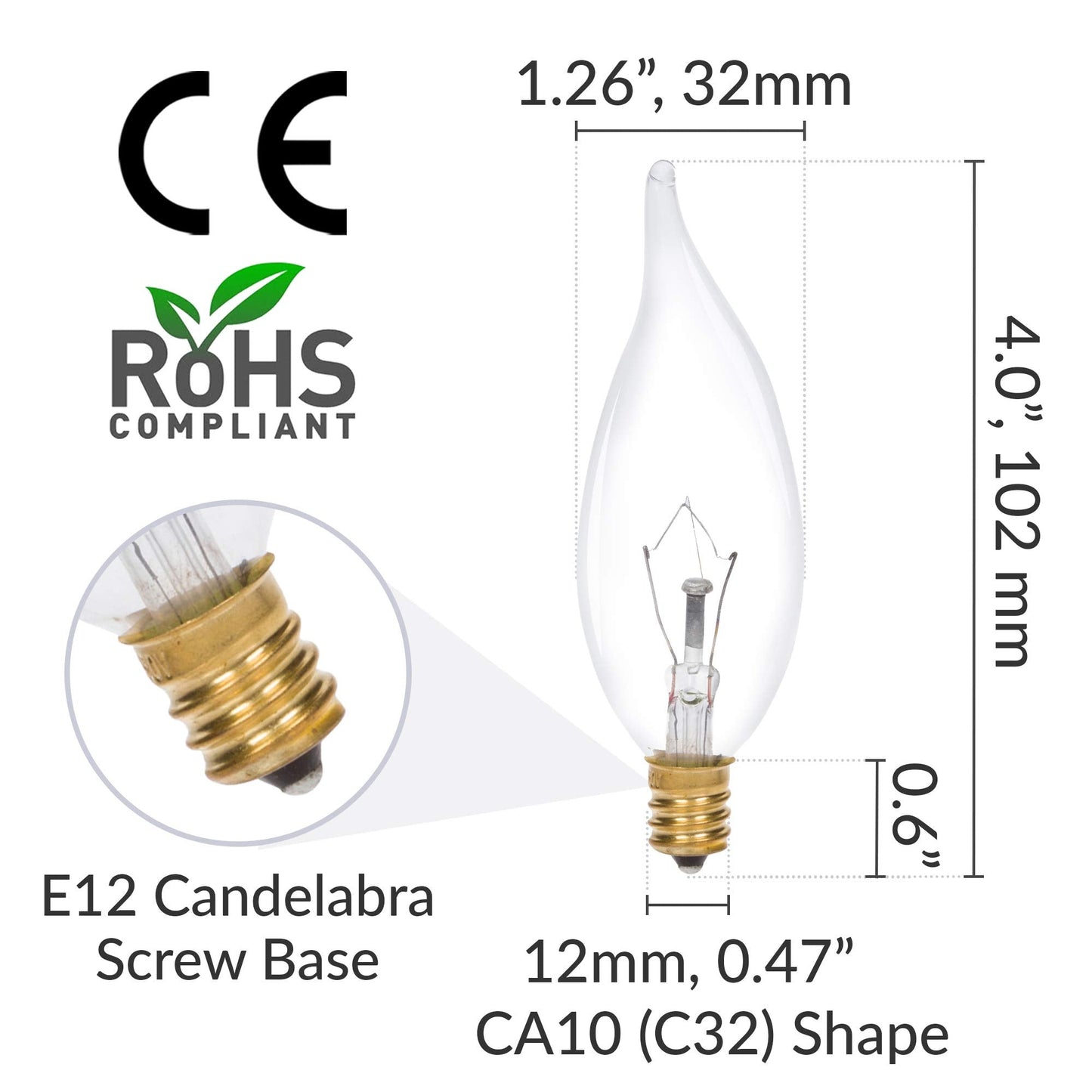 Simba Lighting Candelabra Flame Tip Clear Ca10 40W E12 Base (12 Pack) Decorative Incandescent Light Bulbs 120V For Chandeliers  Ceiling Fan Lights  Pendants  Wall Sconces  Dimmable  Warm White 2700K